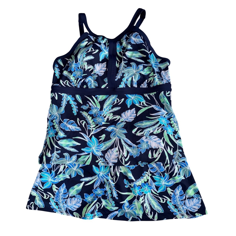 Lands End Womens Floral Tankini Top 16 DDD and Swim Skirt‎ 16 Navy Blue Set